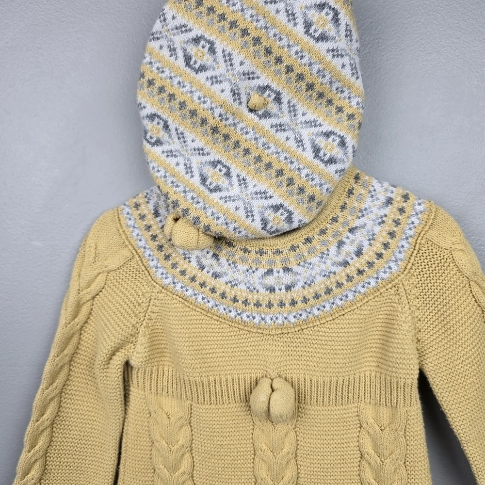 Fair Isle Cable Knit Sweater Dress And Beret Hat Yellow Gray Baby Girl's‎ 6-9 M